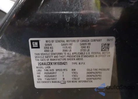 2017 Chevrolet Equinox Lt z USA, uszkodzony, nr VIN 2GNALCEK1H1609421